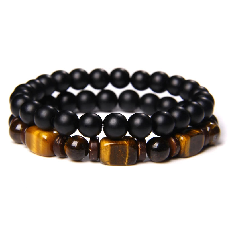 2Pcs Bead Bracelet Men Natural Tiger Eye Hematite Obsidian Beaded Bracelets Homme Energy Stretch Bracelet Men Jewelry