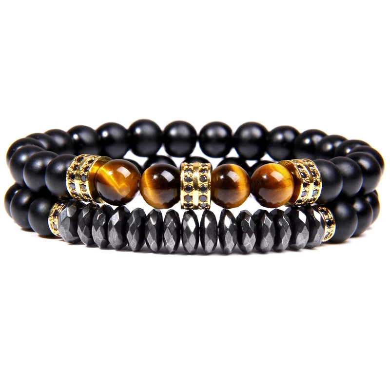 2Pcs Bead Bracelet Men Natural Tiger Eye Hematite Obsidian Beaded Bracelets Homme Energy Stretch Bracelet Men Jewelry