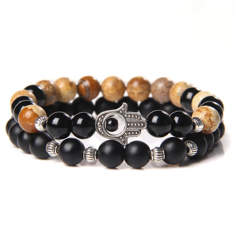2Pcs Bead Bracelet Men Natural Tiger Eye Hematite Obsidian Beaded Bracelets Homme Energy Stretch Bracelet Men Jewelry