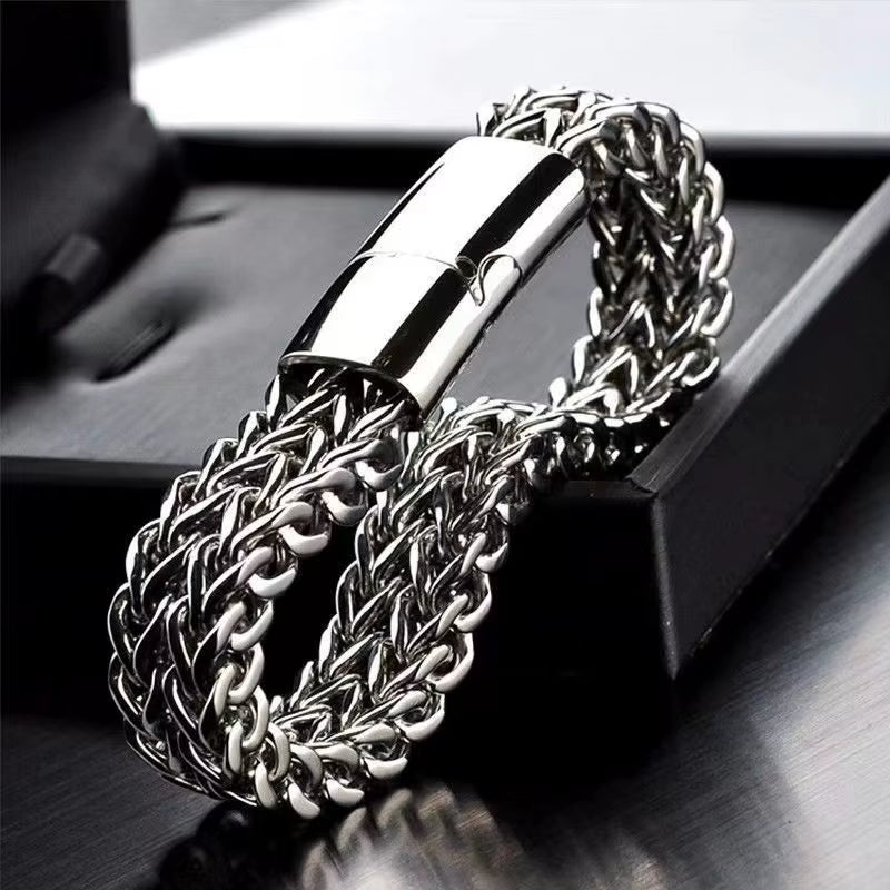 High-End Domineering Black and White Solid Color Men\\'S Stainless Steel Braided Sports and Leisure Bracelet