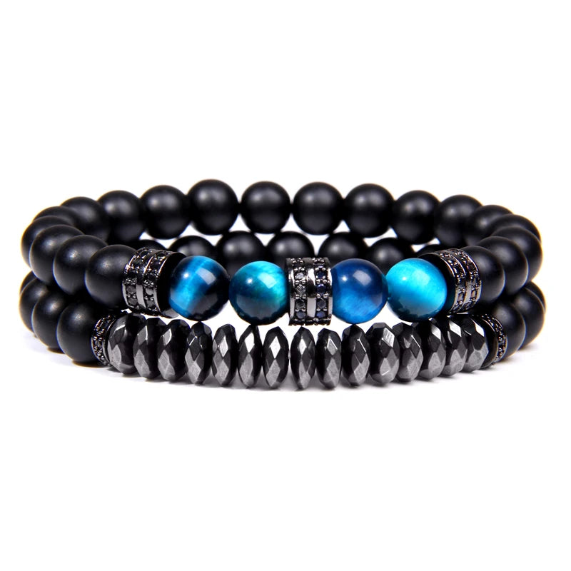 2Pcs Bead Bracelet Men Natural Tiger Eye Hematite Obsidian Beaded Bracelets Homme Energy Stretch Bracelet Men Jewelry