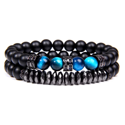2Pcs Bead Bracelet Men Natural Tiger Eye Hematite Obsidian Beaded Bracelets Homme Energy Stretch Bracelet Men Jewelry