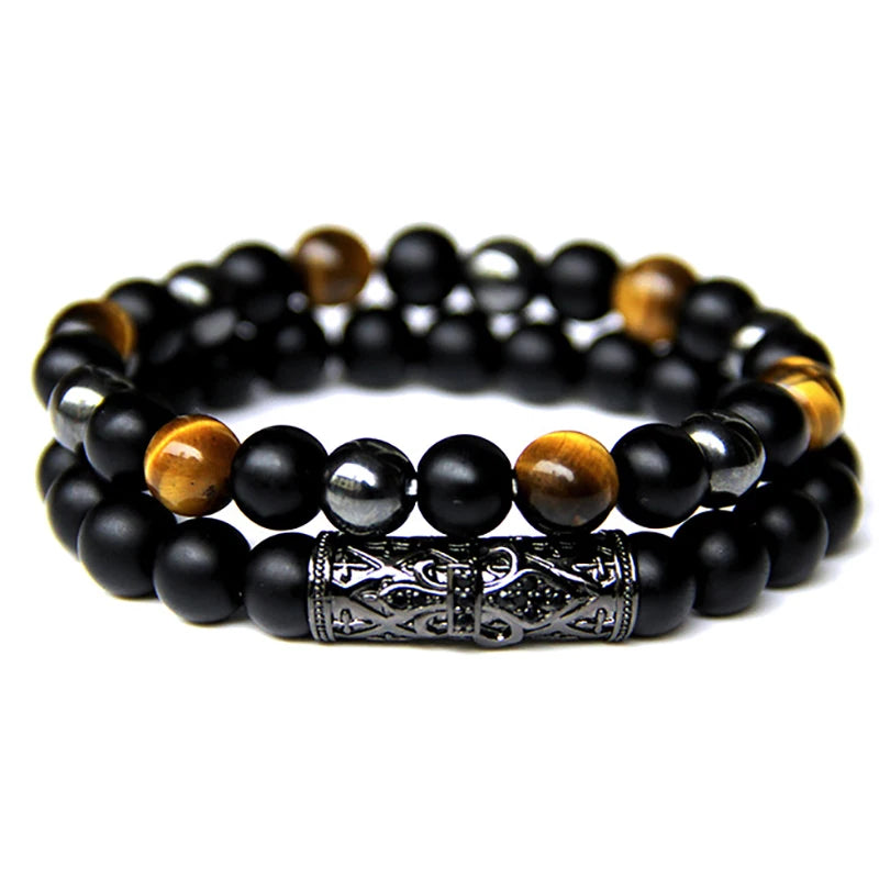 2Pcs Bead Bracelet Men Natural Tiger Eye Hematite Obsidian Beaded Bracelets Homme Energy Stretch Bracelet Men Jewelry