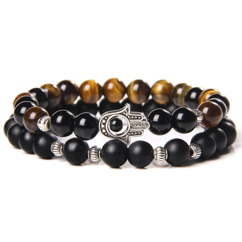 2Pcs Bead Bracelet Men Natural Tiger Eye Hematite Obsidian Beaded Bracelets Homme Energy Stretch Bracelet Men Jewelry