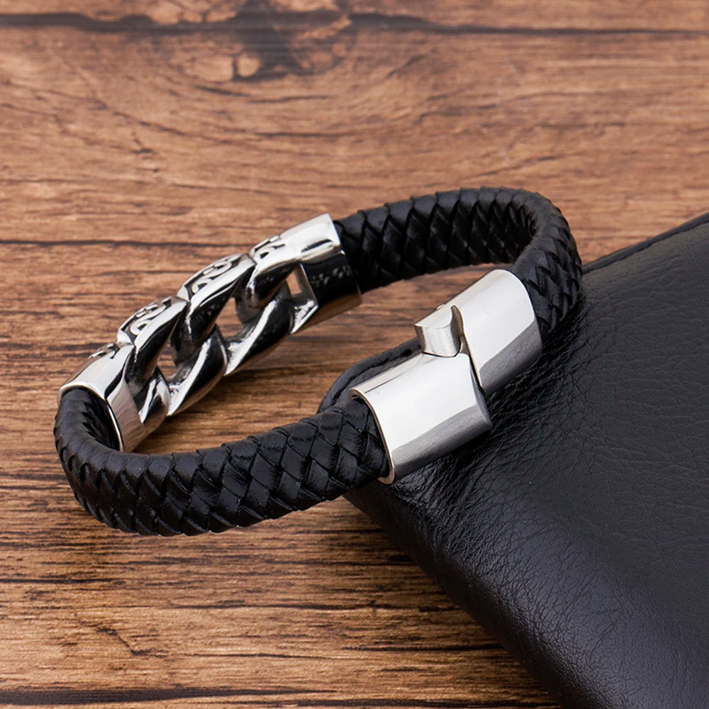 Charm Genuine Leather Black Stainless Steel Magnetic Hk Bracelet Men Birthday Gift for Boy Friend