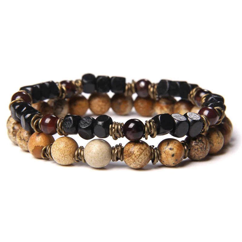 2Pcs Bead Bracelet Men Natural Tiger Eye Hematite Obsidian Beaded Bracelets Homme Energy Stretch Bracelet Men Jewelry