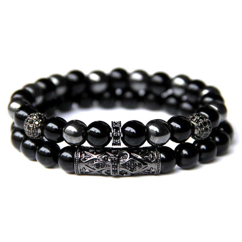 2Pcs Bead Bracelet Men Natural Tiger Eye Hematite Obsidian Beaded Bracelets Homme Energy Stretch Bracelet Men Jewelry