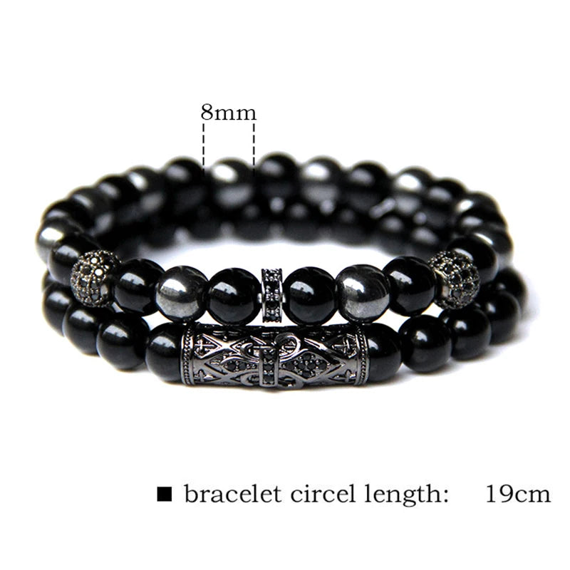 2Pcs Bead Bracelet Men Natural Tiger Eye Hematite Obsidian Beaded Bracelets Homme Energy Stretch Bracelet Men Jewelry