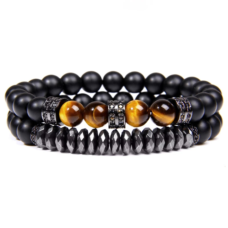 2Pcs Bead Bracelet Men Natural Tiger Eye Hematite Obsidian Beaded Bracelets Homme Energy Stretch Bracelet Men Jewelry