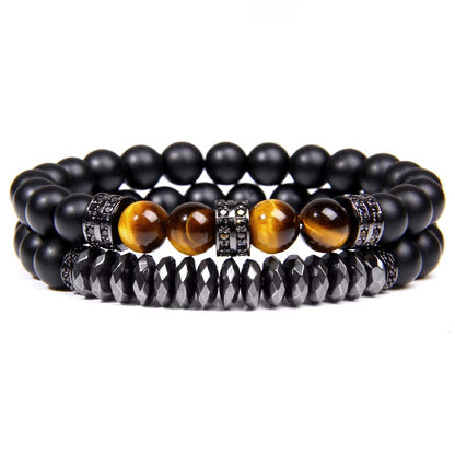 2Pcs Bead Bracelet Men Natural Tiger Eye Hematite Obsidian Beaded Bracelets Homme Energy Stretch Bracelet Men Jewelry