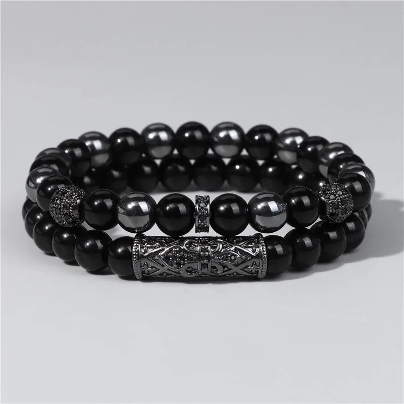 2Pcs Bead Bracelet Men Natural Tiger Eye Hematite Obsidian Beaded Bracelets Homme Energy Stretch Bracelet Men Jewelry