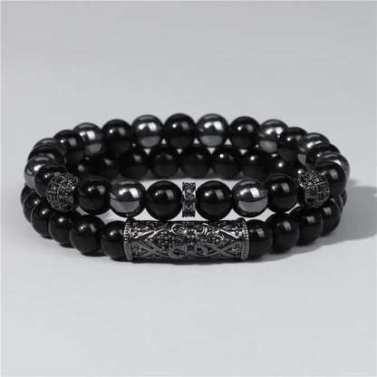 2Pcs Bead Bracelet Men Natural Tiger Eye Hematite Obsidian Beaded Bracelets Homme Energy Stretch Bracelet Men Jewelry