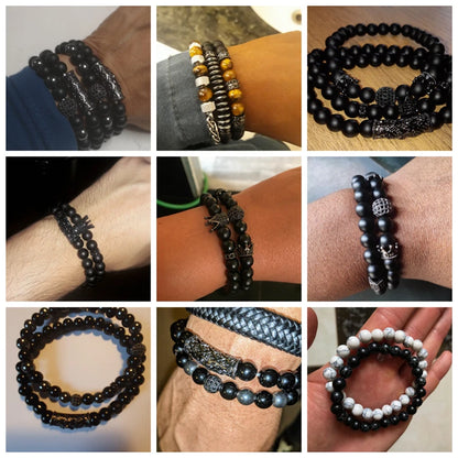 2Pcs Bead Bracelet Men Natural Tiger Eye Hematite Obsidian Beaded Bracelets Homme Energy Stretch Bracelet Men Jewelry
