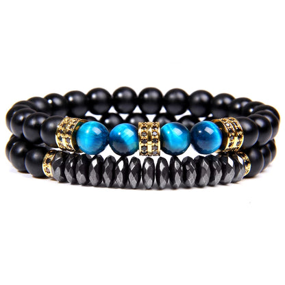 2Pcs Bead Bracelet Men Natural Tiger Eye Hematite Obsidian Beaded Bracelets Homme Energy Stretch Bracelet Men Jewelry