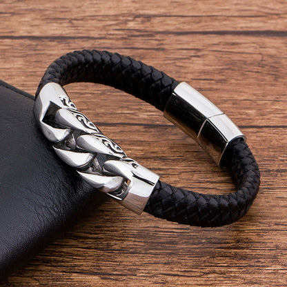 Charm Genuine Leather Black Stainless Steel Magnetic Hk Bracelet Men Birthday Gift for Boy Friend