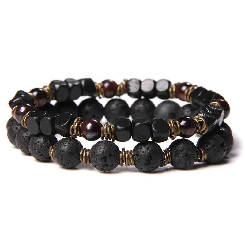 2Pcs Bead Bracelet Men Natural Tiger Eye Hematite Obsidian Beaded Bracelets Homme Energy Stretch Bracelet Men Jewelry