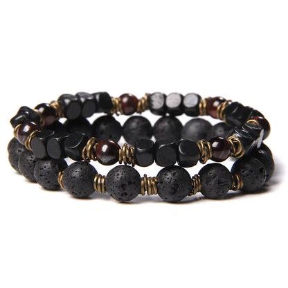 2Pcs Bead Bracelet Men Natural Tiger Eye Hematite Obsidian Beaded Bracelets Homme Energy Stretch Bracelet Men Jewelry