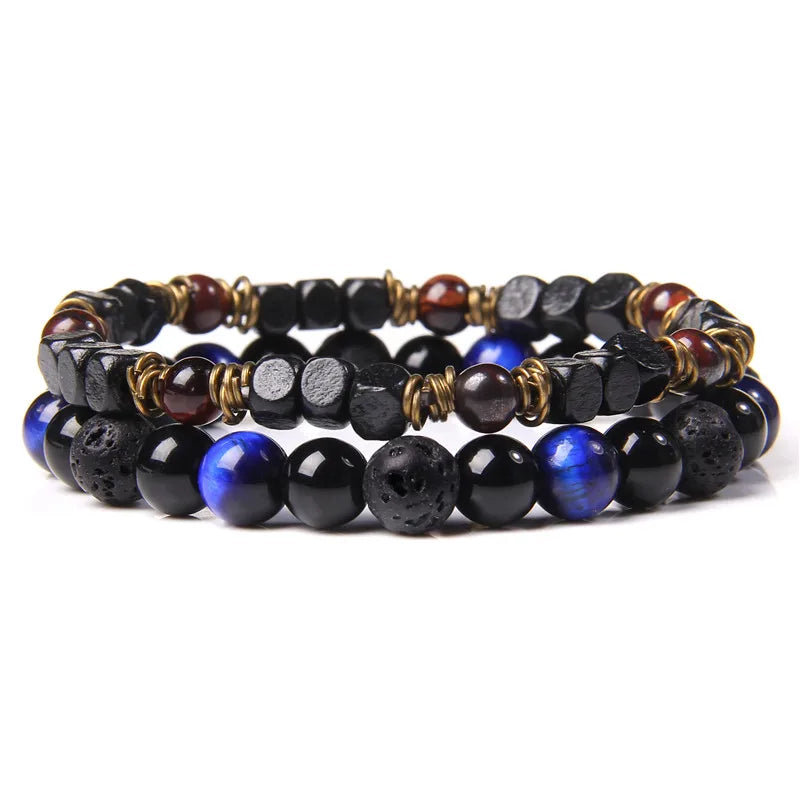 2Pcs Bead Bracelet Men Natural Tiger Eye Hematite Obsidian Beaded Bracelets Homme Energy Stretch Bracelet Men Jewelry