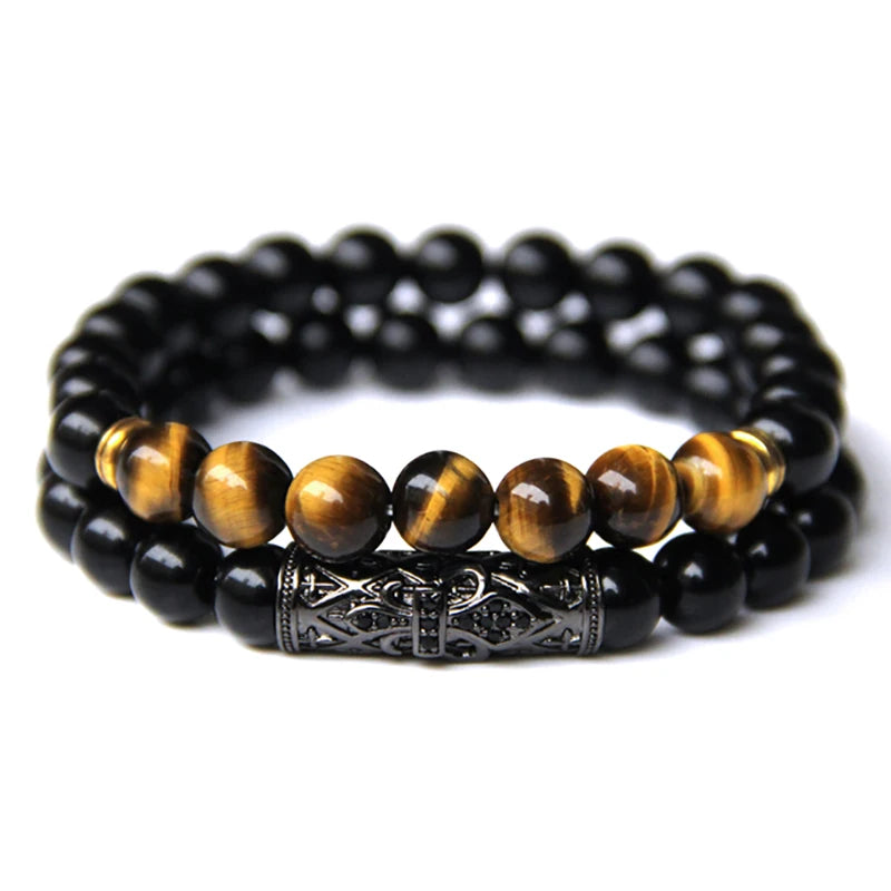 2Pcs Bead Bracelet Men Natural Tiger Eye Hematite Obsidian Beaded Bracelets Homme Energy Stretch Bracelet Men Jewelry