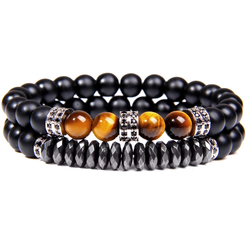 2Pcs Bead Bracelet Men Natural Tiger Eye Hematite Obsidian Beaded Bracelets Homme Energy Stretch Bracelet Men Jewelry