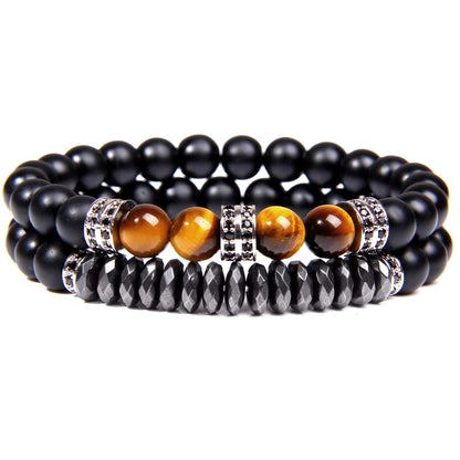 2Pcs Bead Bracelet Men Natural Tiger Eye Hematite Obsidian Beaded Bracelets Homme Energy Stretch Bracelet Men Jewelry