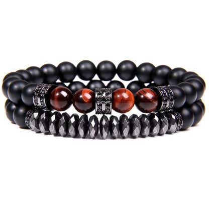 2Pcs Bead Bracelet Men Natural Tiger Eye Hematite Obsidian Beaded Bracelets Homme Energy Stretch Bracelet Men Jewelry