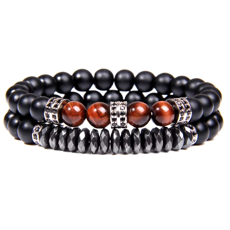 2Pcs Bead Bracelet Men Natural Tiger Eye Hematite Obsidian Beaded Bracelets Homme Energy Stretch Bracelet Men Jewelry
