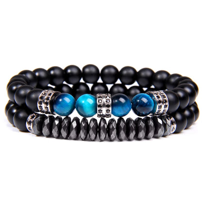 2Pcs Bead Bracelet Men Natural Tiger Eye Hematite Obsidian Beaded Bracelets Homme Energy Stretch Bracelet Men Jewelry
