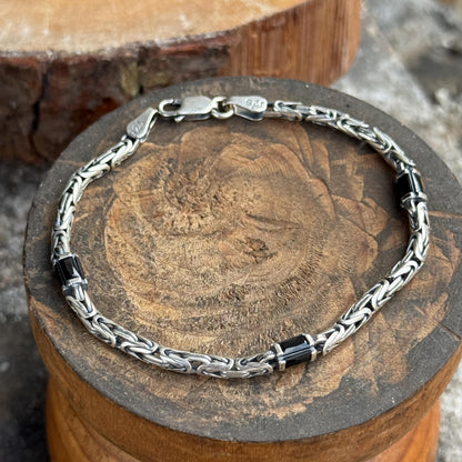 925 Silver Emerald Stone King Chain Bracelet, Gemstone Byzantine 5MM Chain Bracelet, Bali Chain Bracelet, Men Solid Sterling Silver Chain