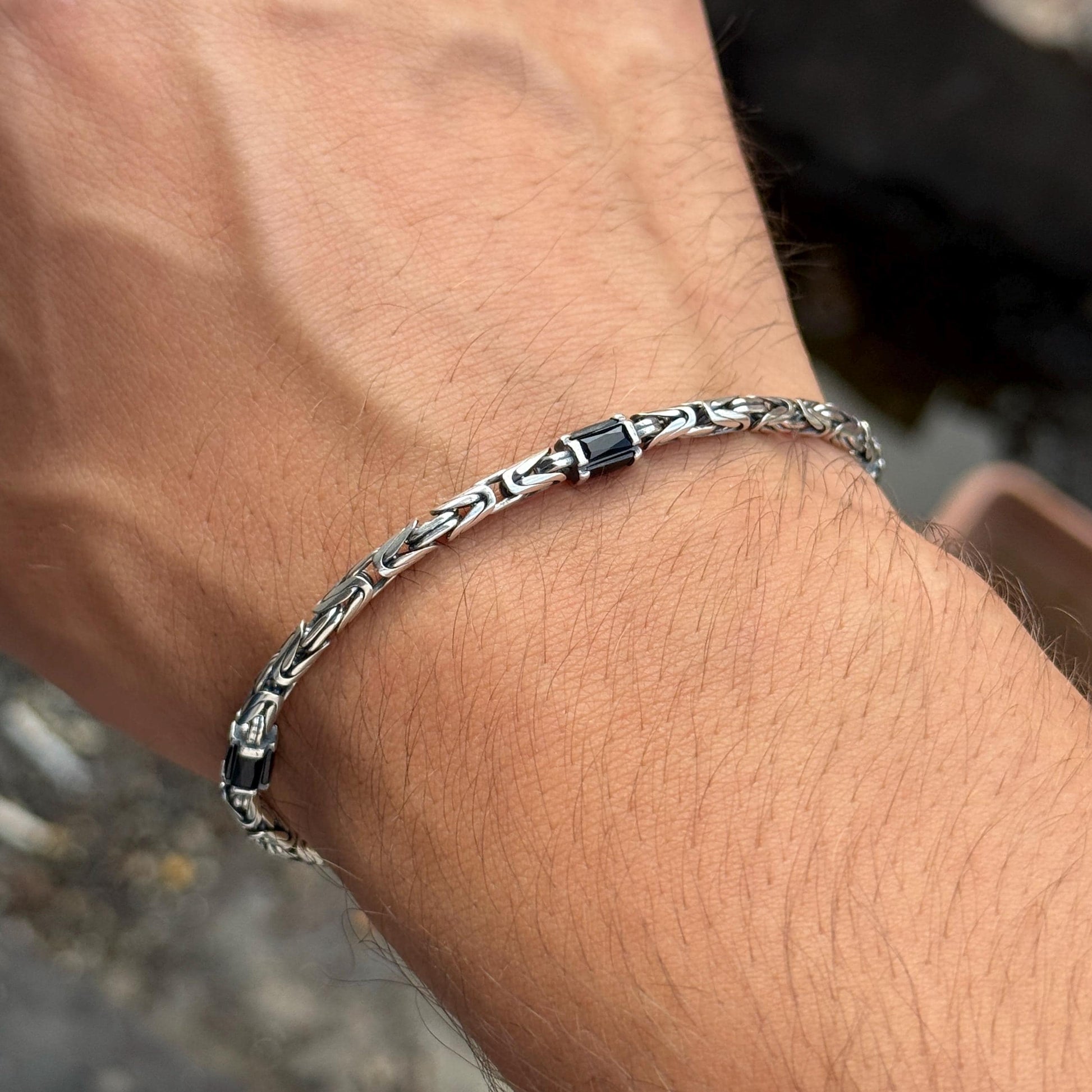 925 Silver Emerald Stone King Chain Bracelet, Gemstone Byzantine 5MM Chain Bracelet, Bali Chain Bracelet, Men Solid Sterling Silver Chain