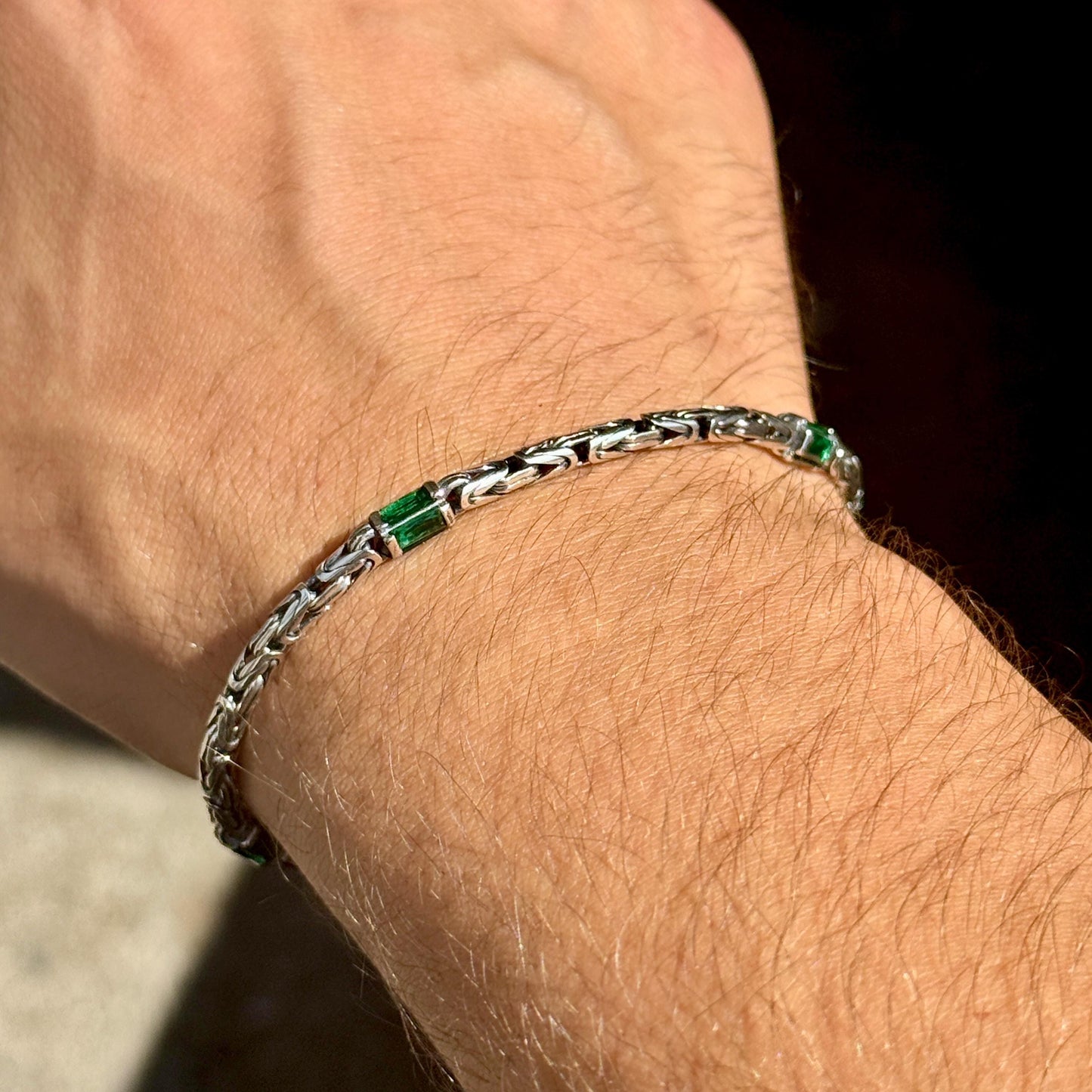 925 Silver Emerald Stone King Chain Bracelet, Gemstone Byzantine 5MM Chain Bracelet, Bali Chain Bracelet, Men Solid Sterling Silver Chain