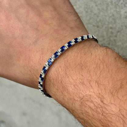 Silver Sapphire Bracelet, Men Luxury Blue Sapphire Tennis Bracelet, Elegant Sapphire Tennis Bracelet, Bracelet for Men, Square Cut Bracelet