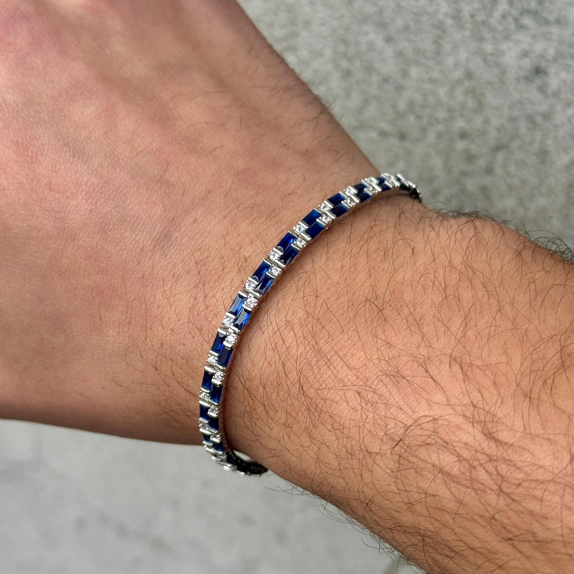 Silver Sapphire Bracelet, Men Luxury Blue Sapphire Tennis Bracelet, Elegant Sapphire Tennis Bracelet, Bracelet for Men, Square Cut Bracelet