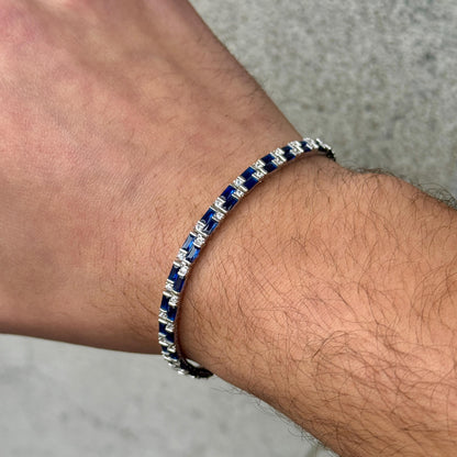 Silver Sapphire Bracelet, Men Luxury Blue Sapphire Tennis Bracelet, Elegant Sapphire Tennis Bracelet, Bracelet for Men, Square Cut Bracelet