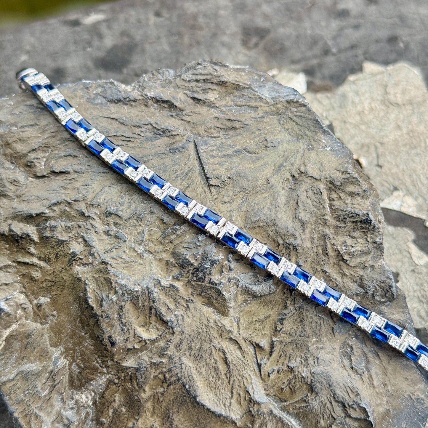 Silver Sapphire Bracelet, Men Luxury Blue Sapphire Tennis Bracelet, Elegant Sapphire Tennis Bracelet, Bracelet for Men, Square Cut Bracelet