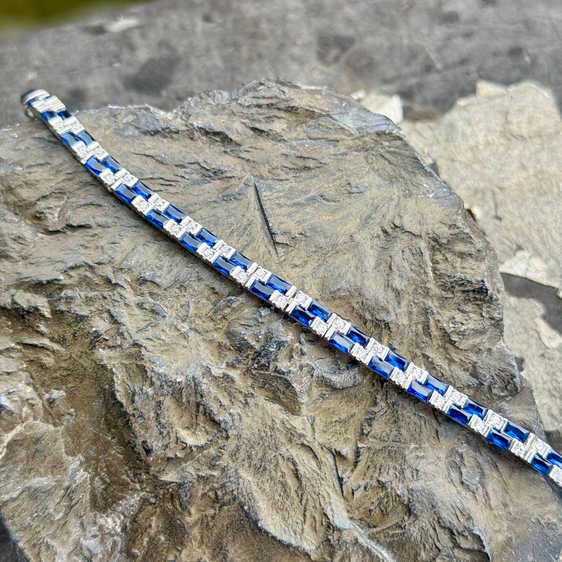 Silver Sapphire Bracelet, Men Luxury Blue Sapphire Tennis Bracelet, Elegant Sapphire Tennis Bracelet, Bracelet for Men, Square Cut Bracelet