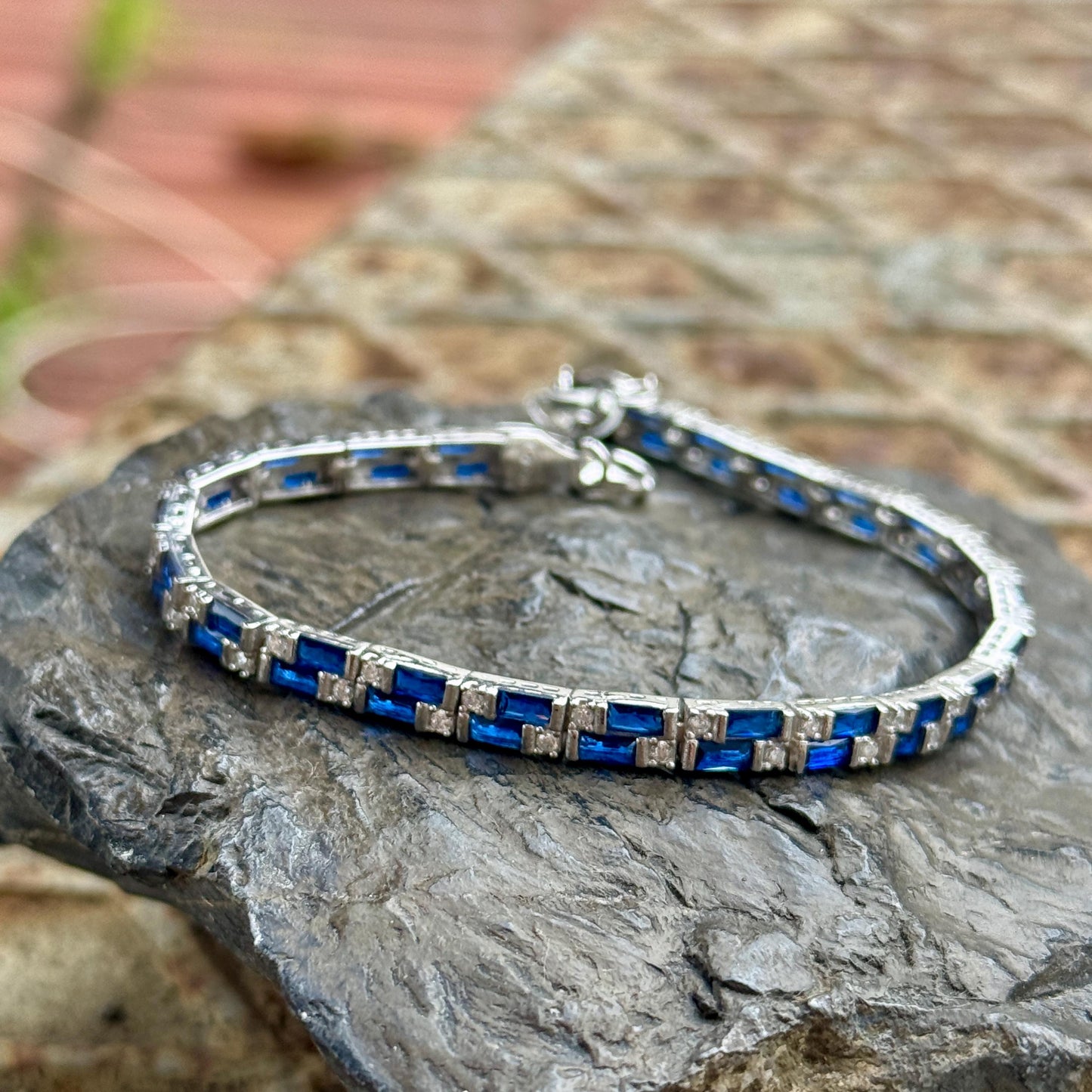 Silver Sapphire Bracelet, Men Luxury Blue Sapphire Tennis Bracelet, Elegant Sapphire Tennis Bracelet, Bracelet for Men, Square Cut Bracelet