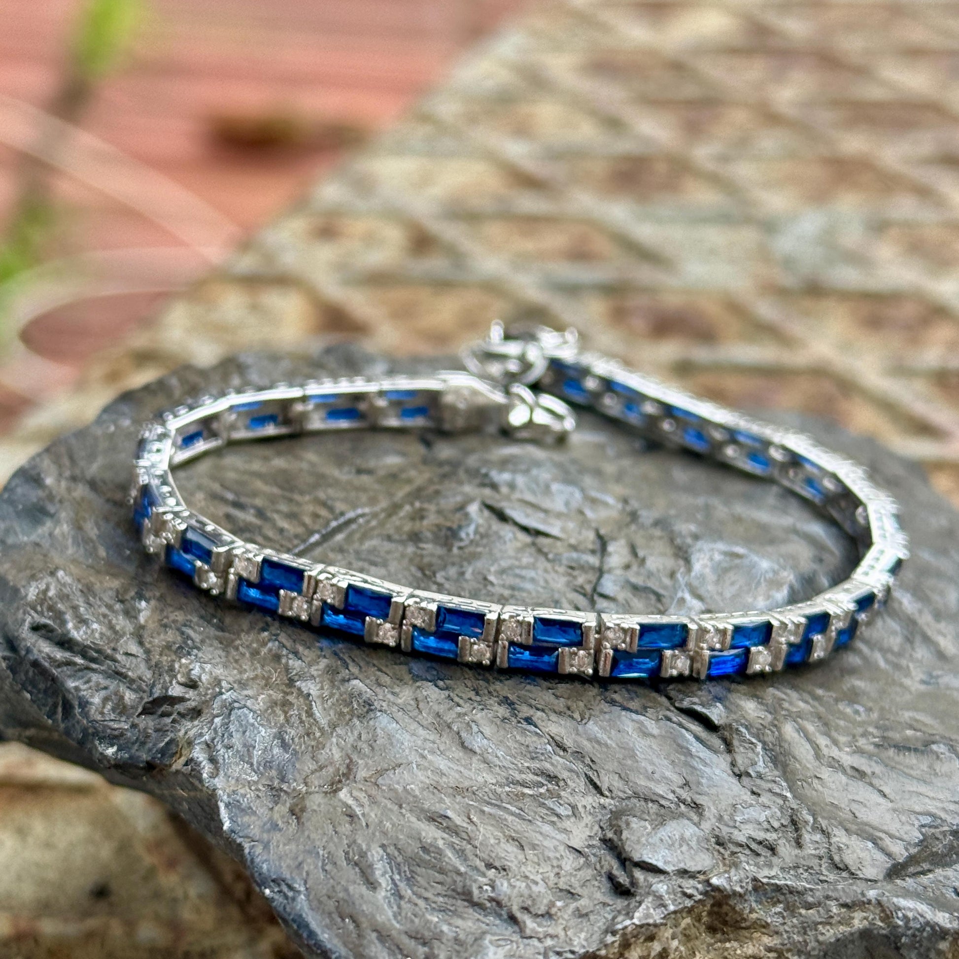 Silver Sapphire Bracelet, Men Luxury Blue Sapphire Tennis Bracelet, Elegant Sapphire Tennis Bracelet, Bracelet for Men, Square Cut Bracelet